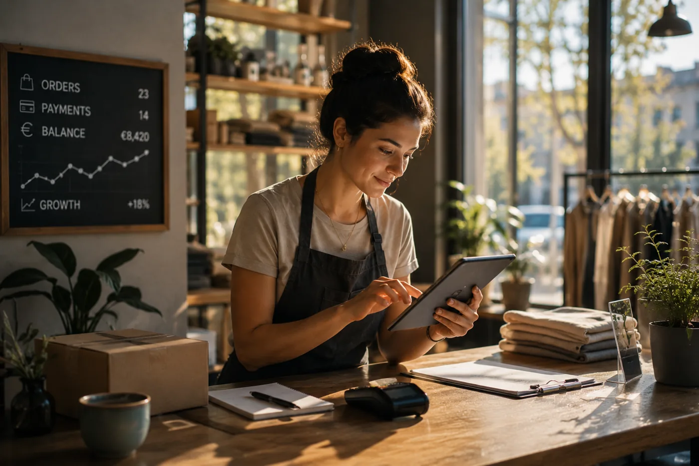 Dueña de tienda gestionando sus ventas desde una tablet
