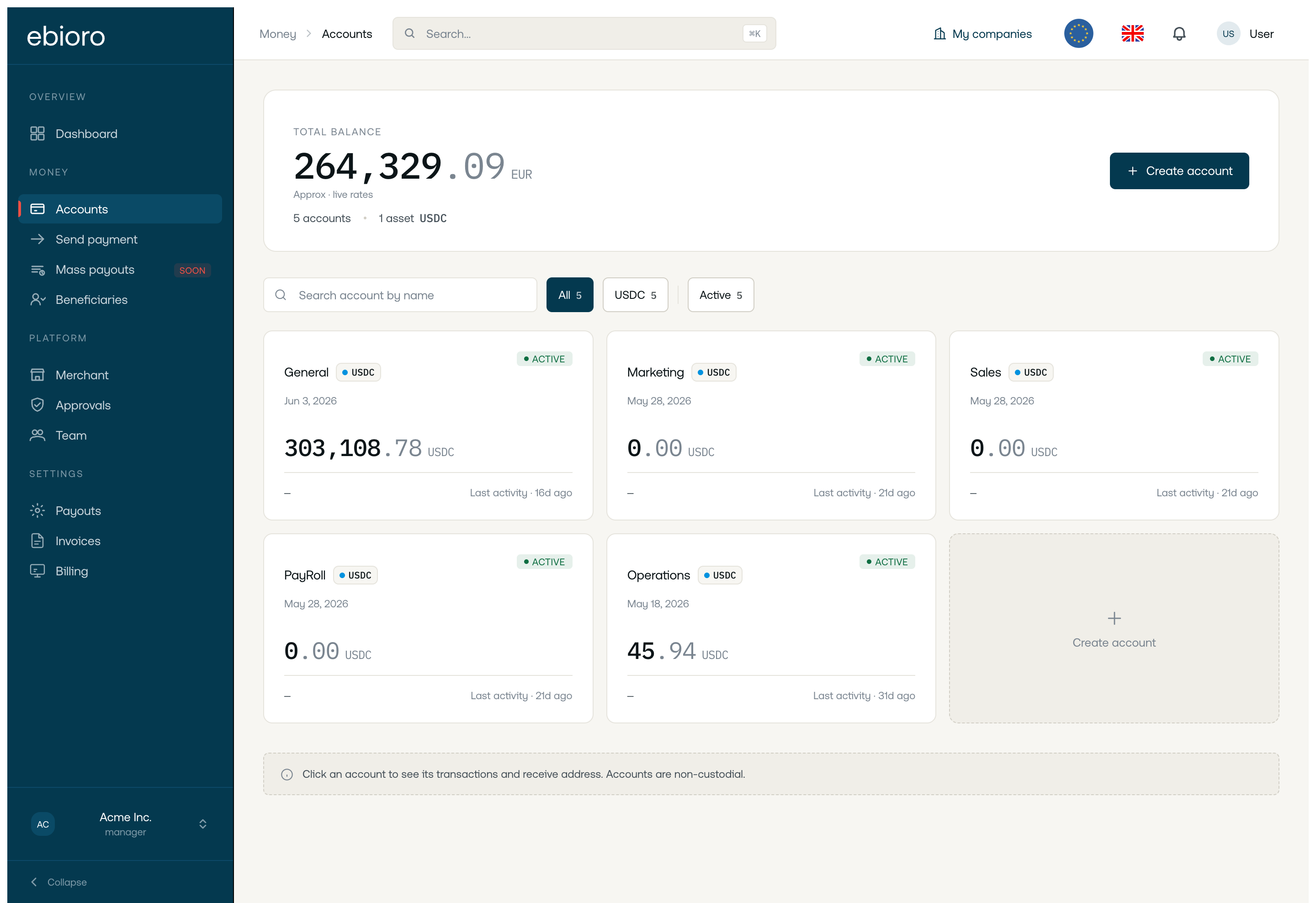 Ebioro business accounts dashboard with total balance and accounts by department