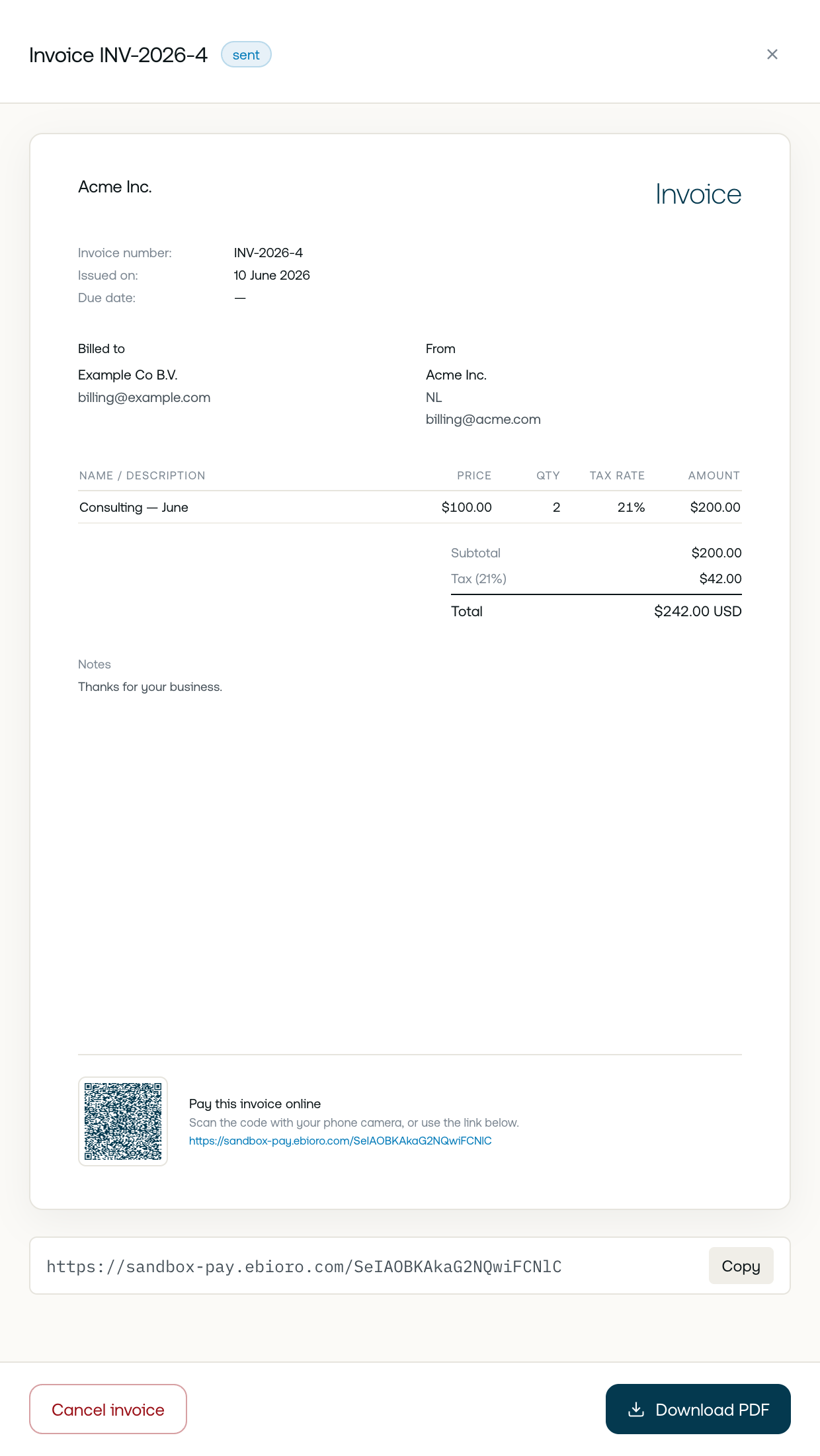 Ebioro invoice with online payment