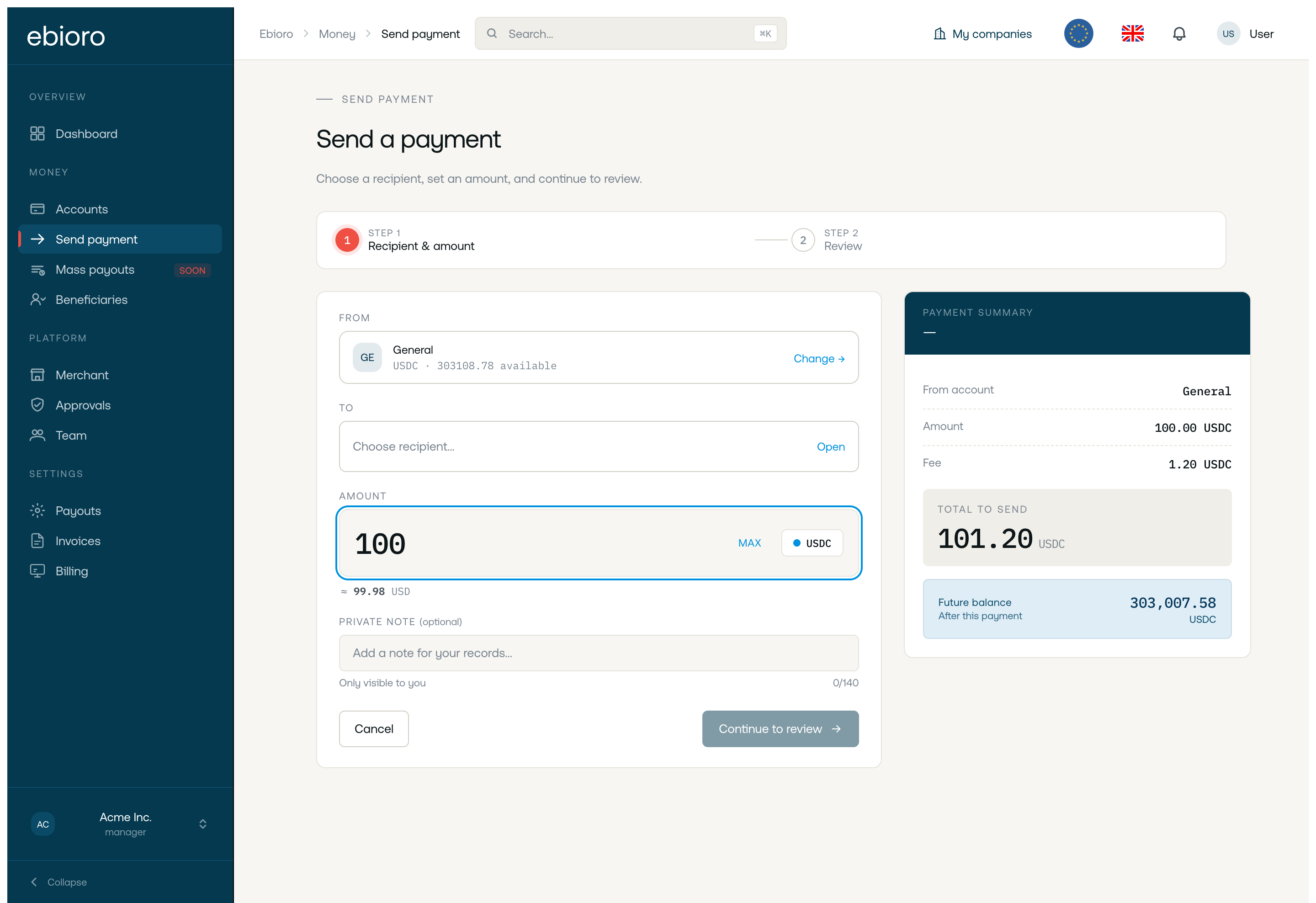 Send payment screen with source account, recipient, amount, fee and summary