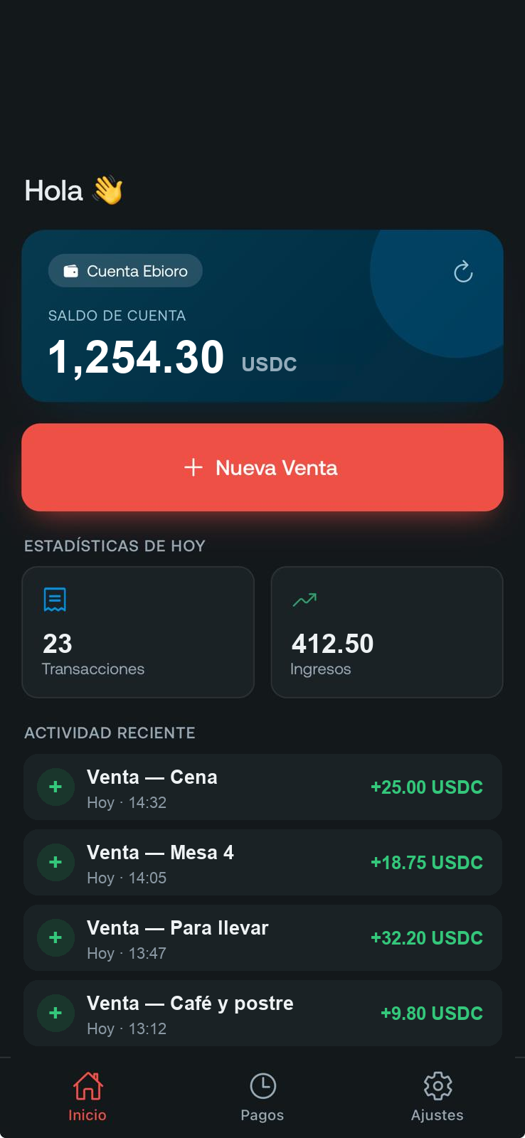 App Ebioro POS en un teléfono — ventas del día