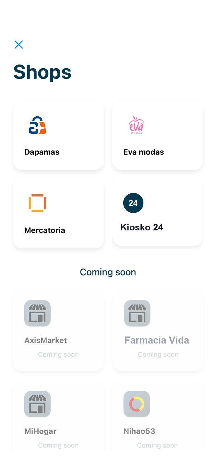 Shops screen in the Ebioro wallet, with featured stores